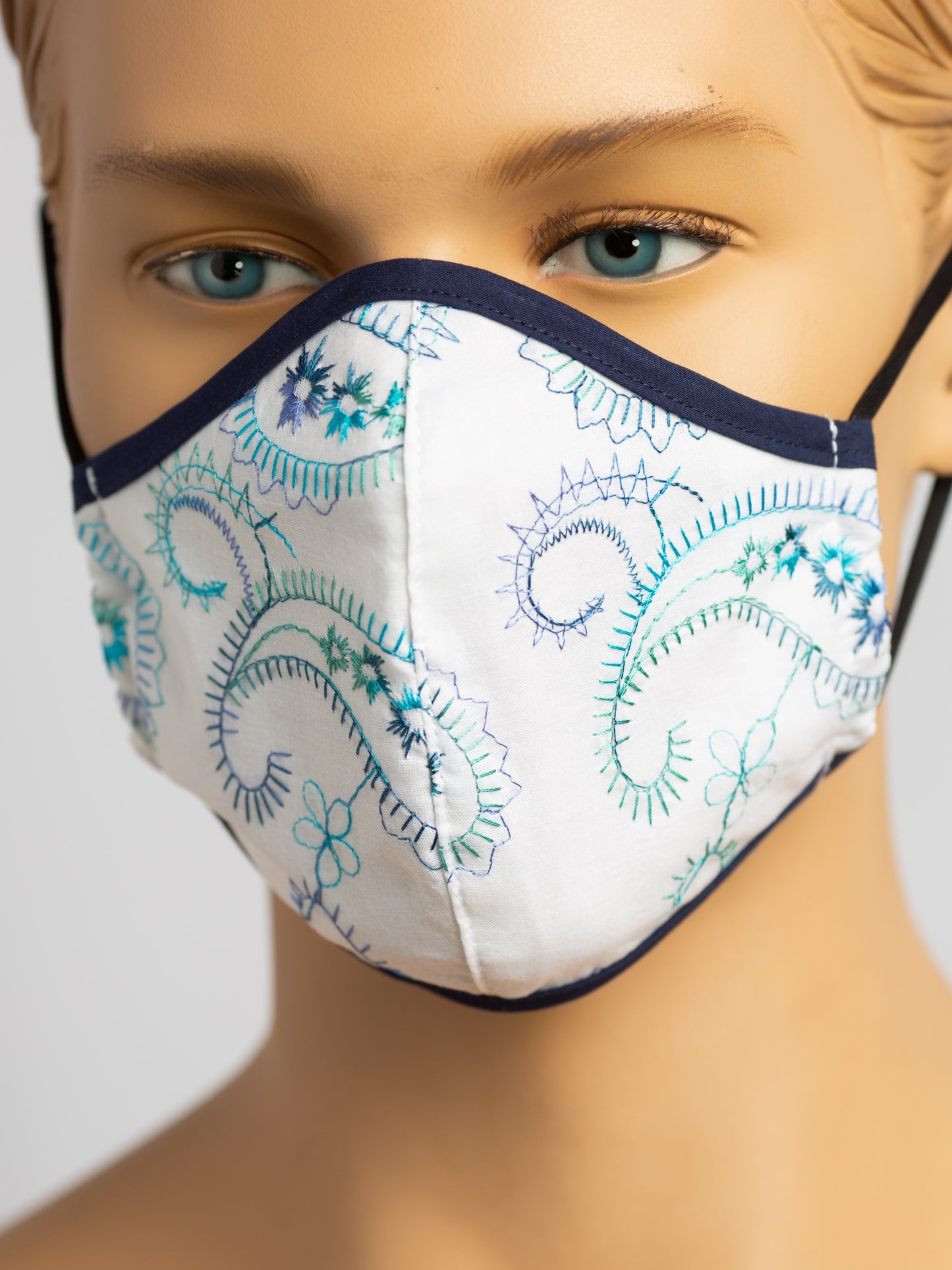 Fitted Face Mask - Embroidered Blue Paisley