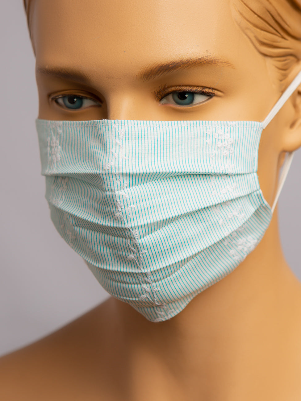 Pleated Face Mask, Blue Pinstripes and Embroidered Flowers