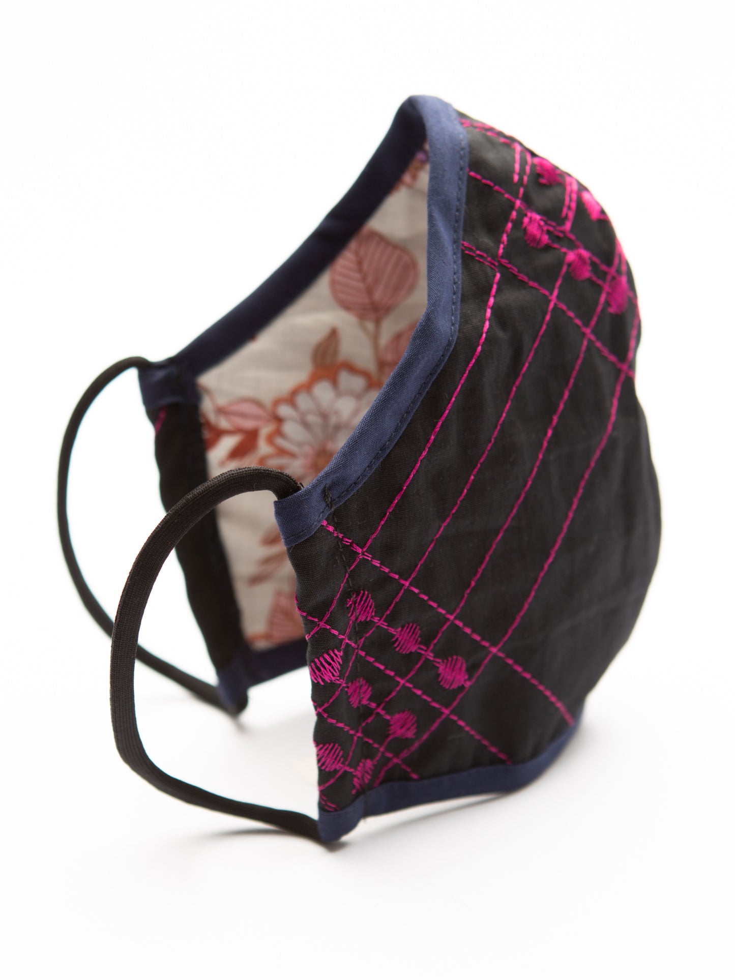 Fitted Face Mask - Black with Pink Embroidery