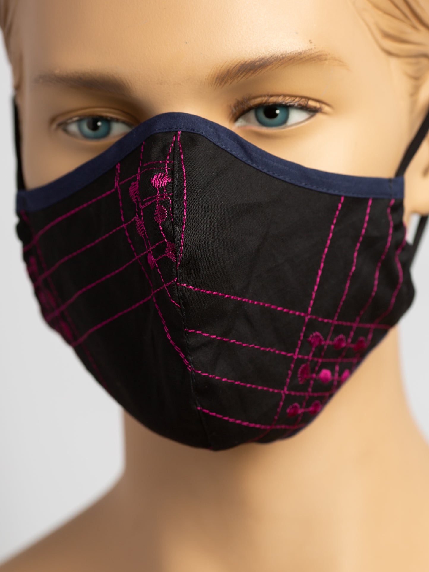 Fitted Face Mask - Black with Pink Embroidery