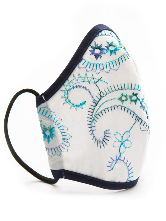 Fitted Face Mask - Embroidered Blue Paisley