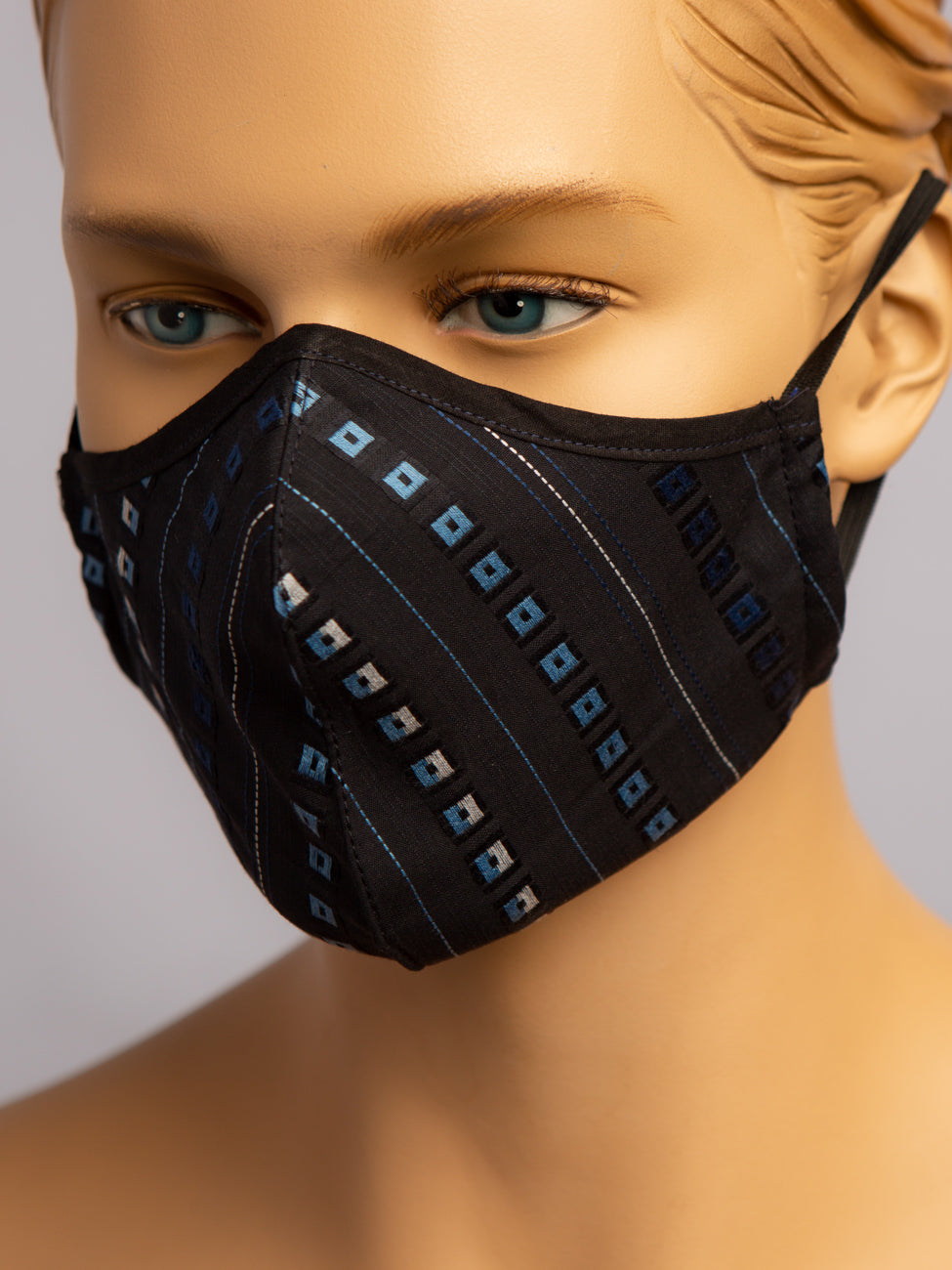 Fitted Mask - Black with Blue Cubes